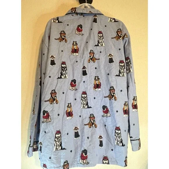 PJ Salvage Pajama Top Women's L Dogs Eyeglasses Flannel Button Up Blue - Picture 6 of 16